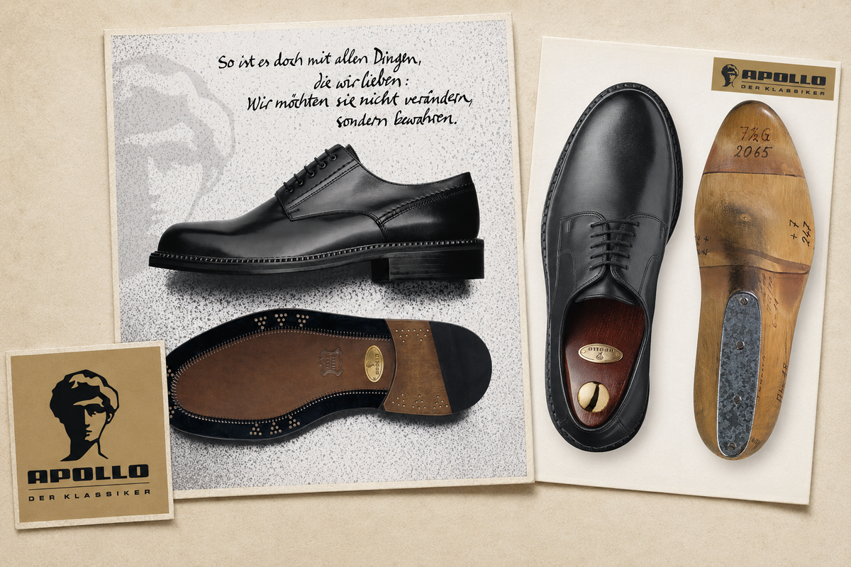 Historische Collage der Schuhmarke Apollo mit Markenlogo, klassischem schwarzem Herrenschuh, Werbeanzeige und originalem Holzleisten.