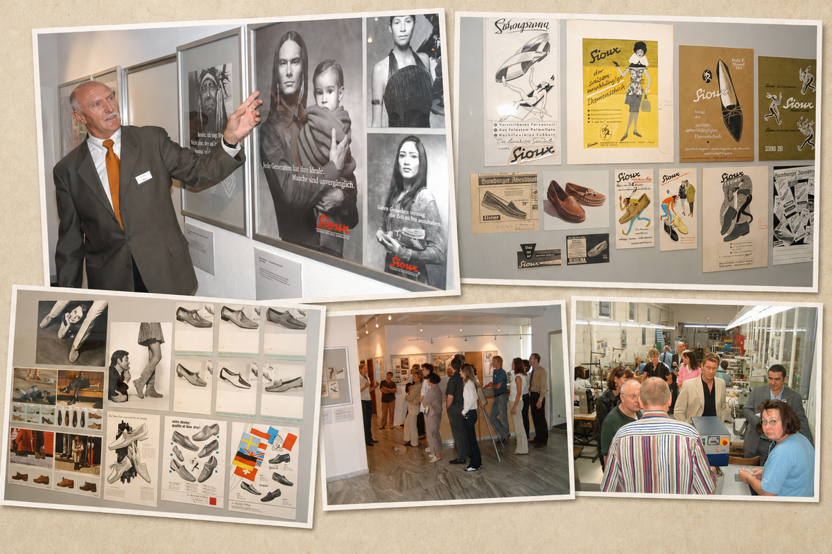 Historische Collage einer Sioux-Ausstellung mit Werbemotiven, Schuhmodellen, Besucherführung und Einblicken in die Schuhproduktion.