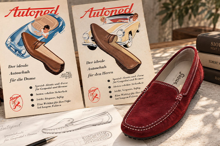Historische Sioux Autoped Werbeanzeigen mit klassischem Driver-Mokassin und modern inszeniertem Sioux Schuh als Rückblick auf die Geschichte des Autoped.