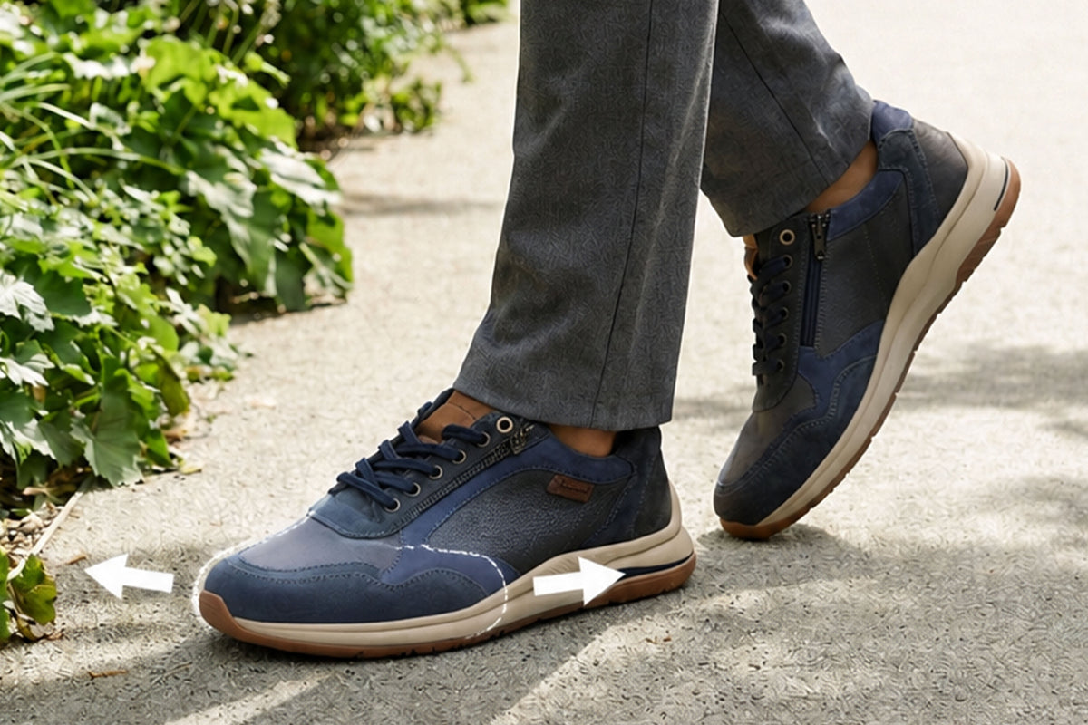 Blaue Sioux Mehrweiten-Sneaker mit seitlichen Reißverschlüssen und markiertem dehnbarem Vorfußbereich für mehr Platz und Komfort.