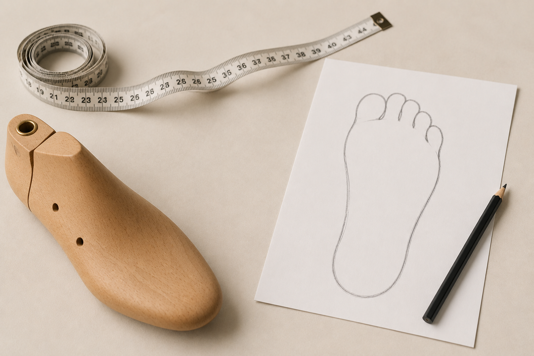 Schuhleisten, Maßband und aufgezeichneter Fußumriss als Symbol für das Ermitteln und Vergleichen der passenden Schuhgröße.
