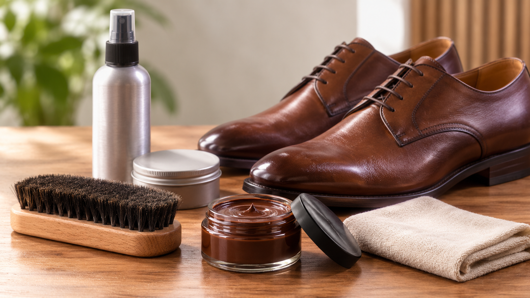 Braune Lederschuhe mit Schuhbürste, Schuhcreme, Imprägnierspray und Pflegetuch zur richtigen Schuhpflege.