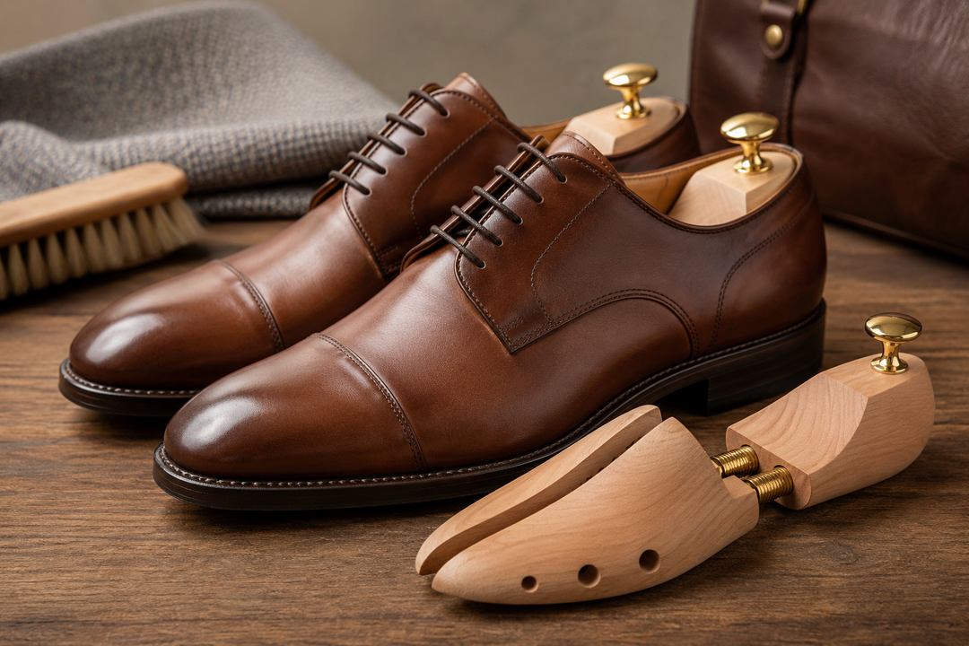 Braune Lederschuhe mit eingesetzten Holz-Schuhspannern auf einem Holztisch, ergänzt durch Schuhbürste und Pflegezubehör in warmer, hochwertiger Atmosphäre.
