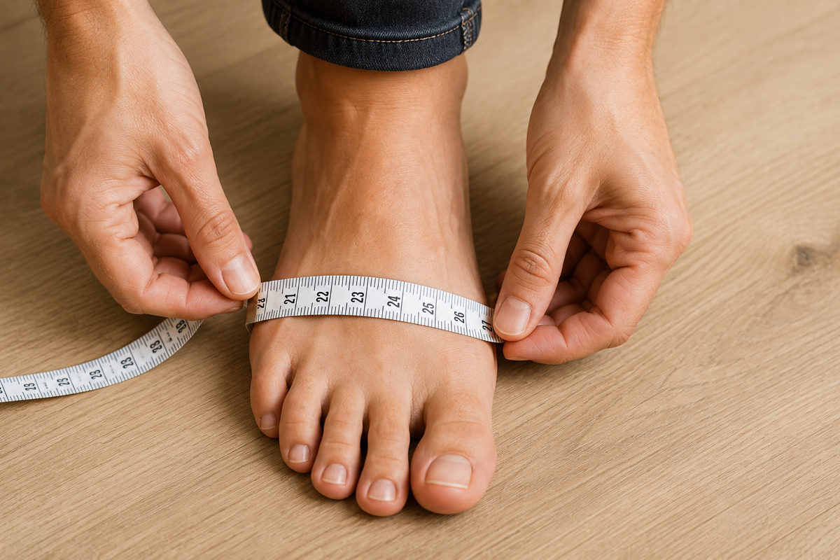 A person standing barefoot on a light-colored wooden floor uses a measuring tape to measure the circumference of the ball of the foot to determine shoe size.