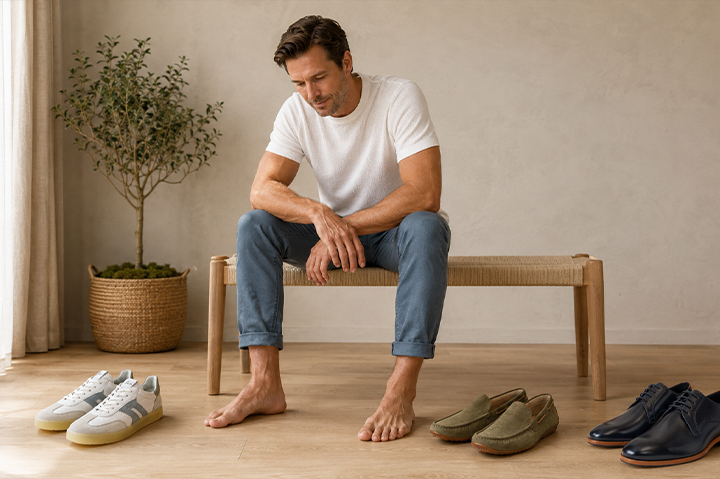 Barfuß sitzender Mann betrachtet seine Füße, während verschiedene Sioux-Schuhe links und rechts neben ihm stehen.