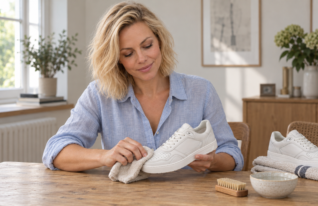Eine blonde Frau in hellblauer Bluse reinigt einen weißen Sioux Sneaker mit einem weichen Tuch an einem Holztisch.