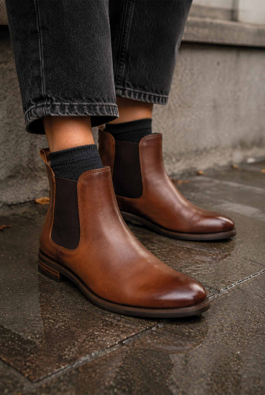 Braune Sioux Chelsea-Stiefeletten aus Leder mit elastischen Einsätzen auf nassem Pflaster.