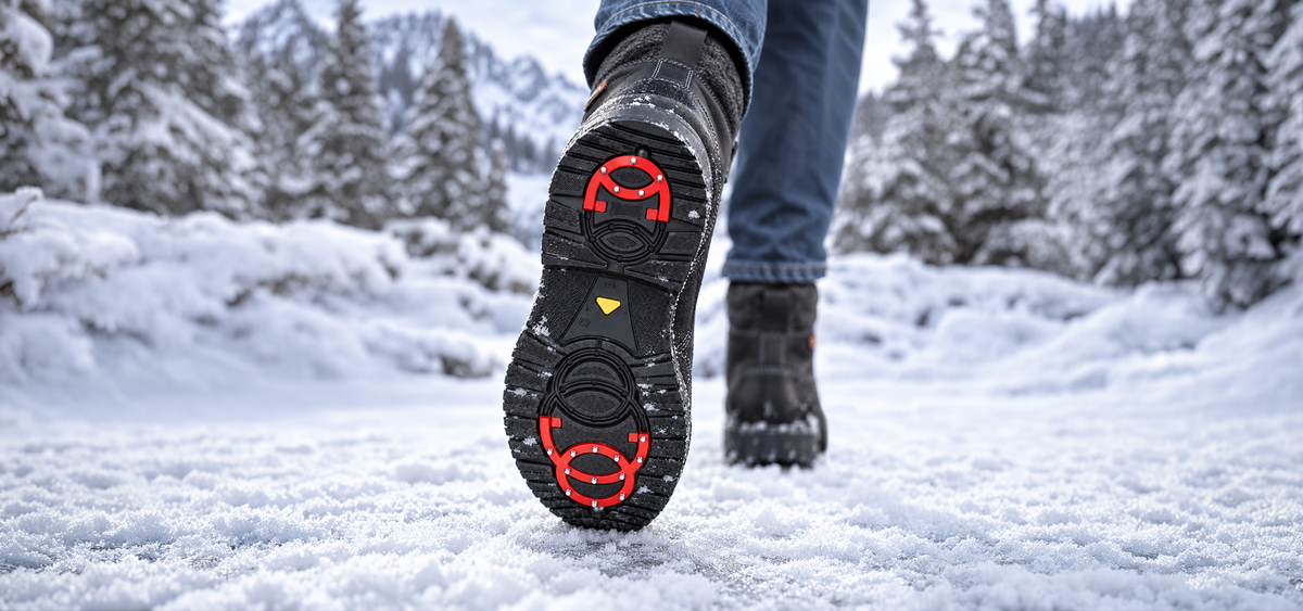 Sioux Mornay 700 TEX mit Stahlspikes – Sohle eines Winterschuhs im Schnee für sicheren Halt bei Glatteis