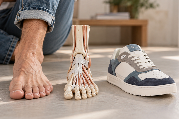Barfuß neben anatomischem Fußmodell und blau-weißem Sioux Sneaker – Darstellung von Aufbau, Anatomie und Funktion des menschlichen Fußes.